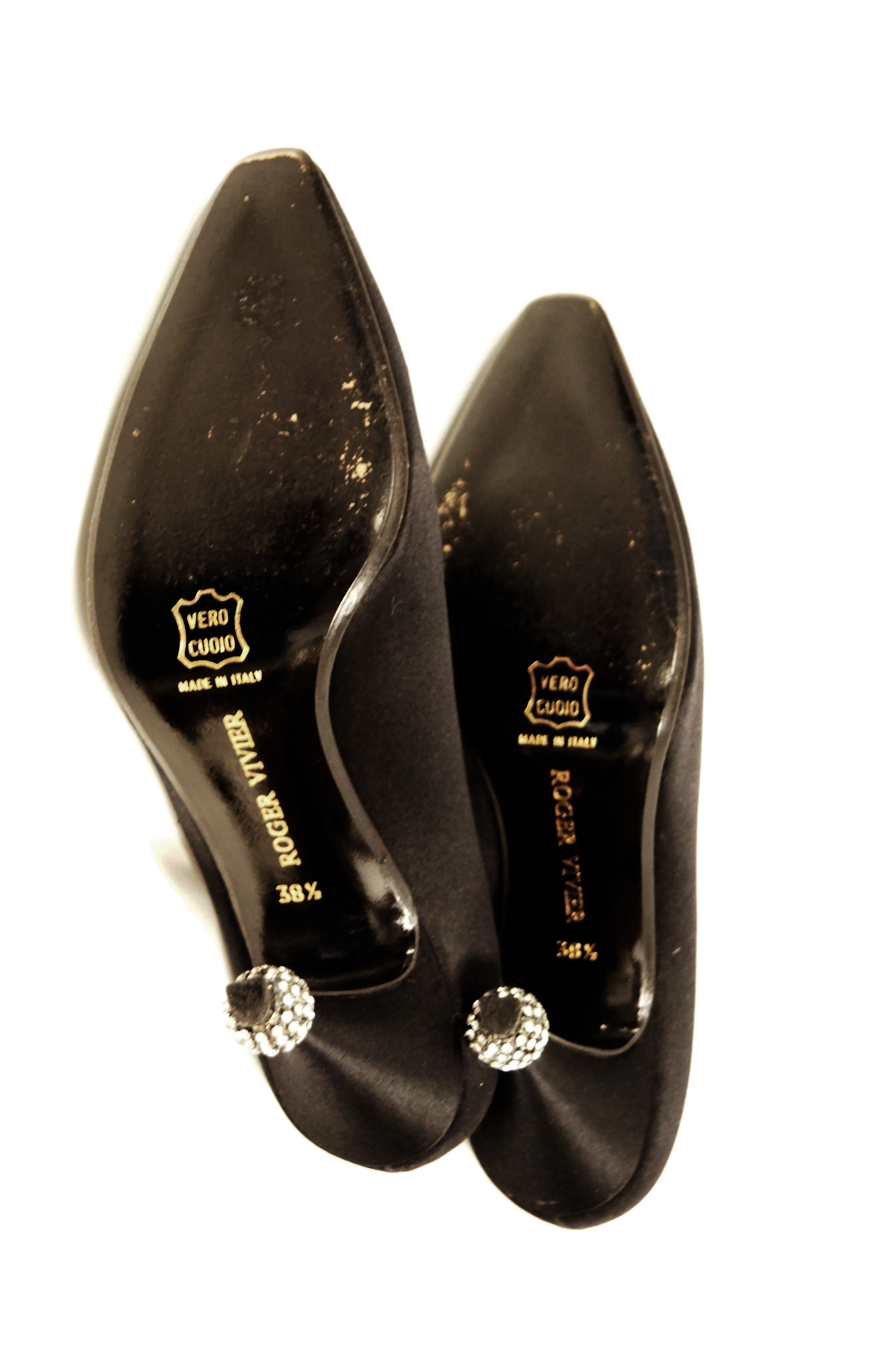 1953 Roger Vivier Black Satin Boule Rhinestone Accent Heels