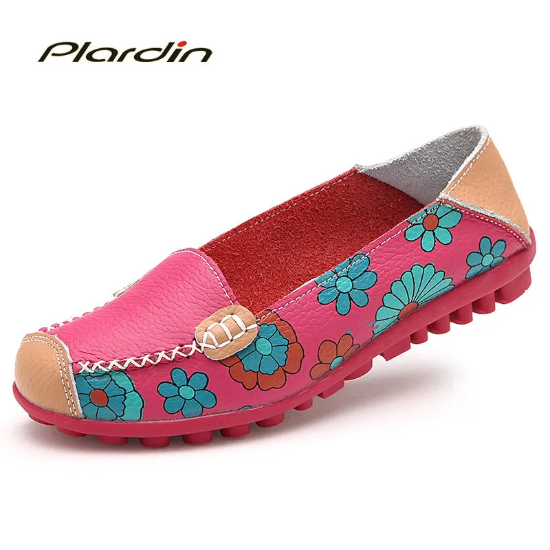 2017 Cow Muscle Ballet Summer Flower Print Women Genuine Leather Shoes Woman  Flat Flexible Nurse  Peas Loafer Flats Appliques