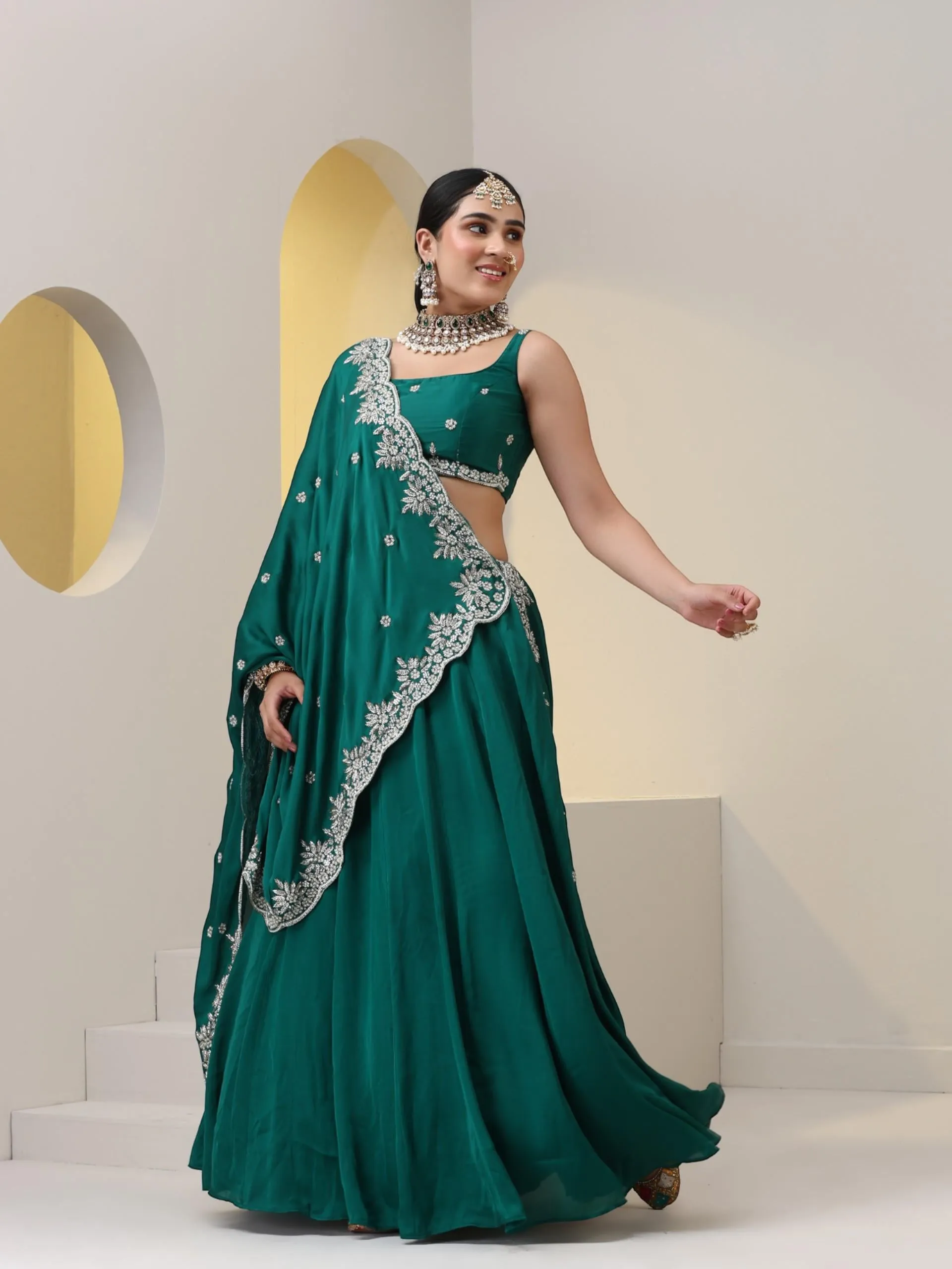 3 pc SET - Emerald Satin Lehenga with Hand Embroidered Blouse fabric and Dupatta