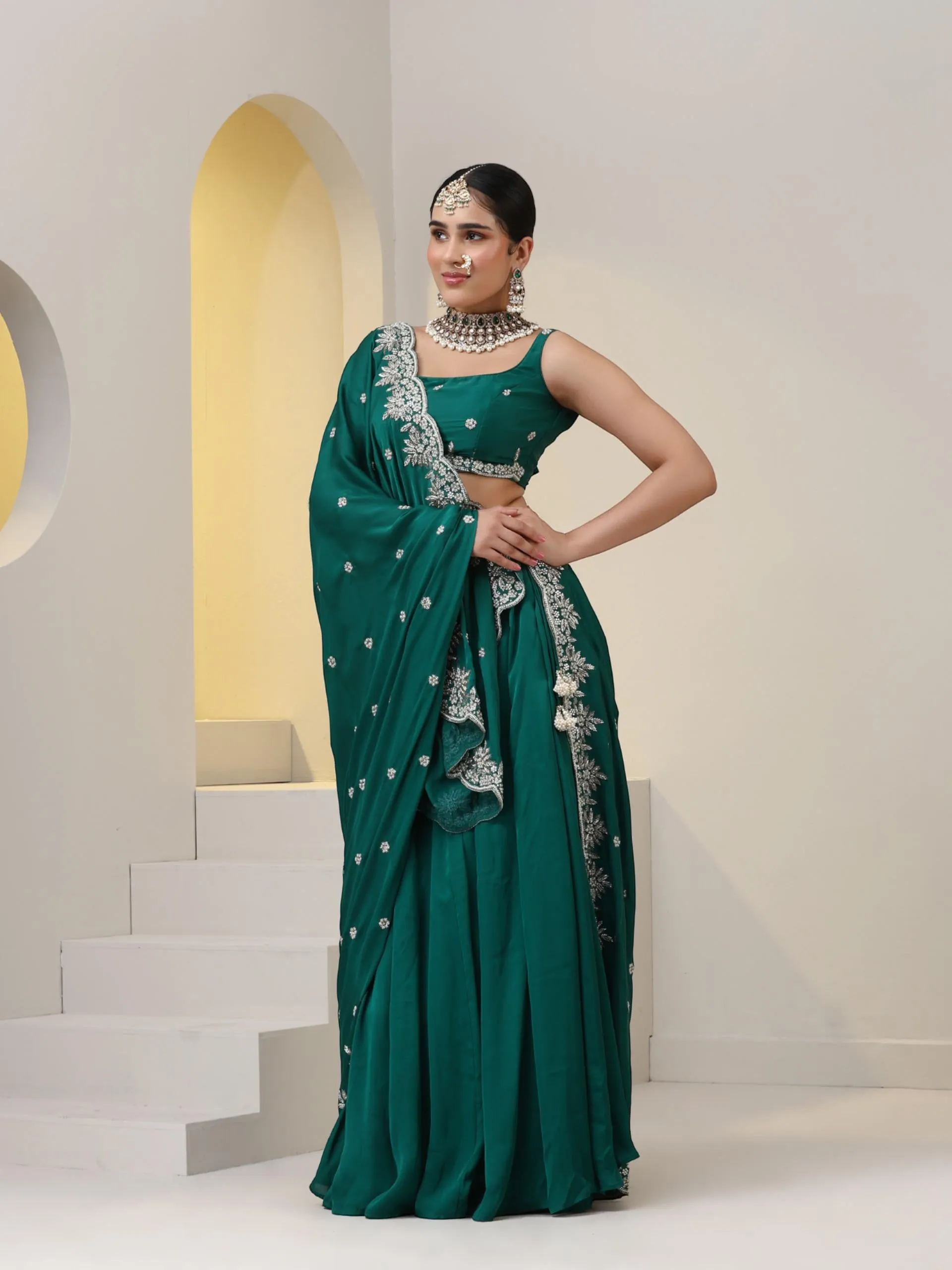 3 pc SET - Emerald Satin Lehenga with Hand Embroidered Blouse fabric and Dupatta