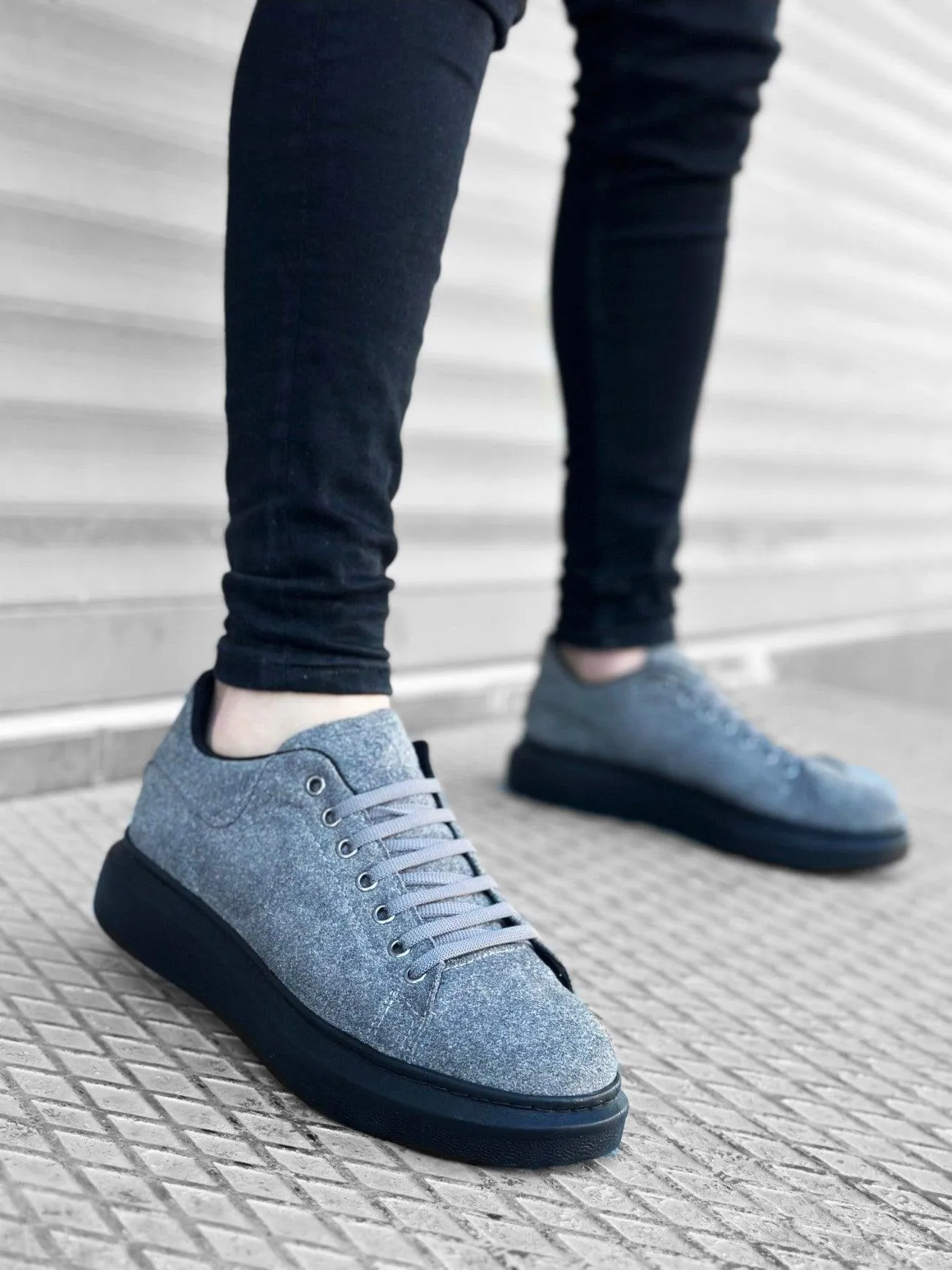 BA0547 Thick High Sole Gray Black Suede Lace-Up Sports Men's Sneakers Shoes