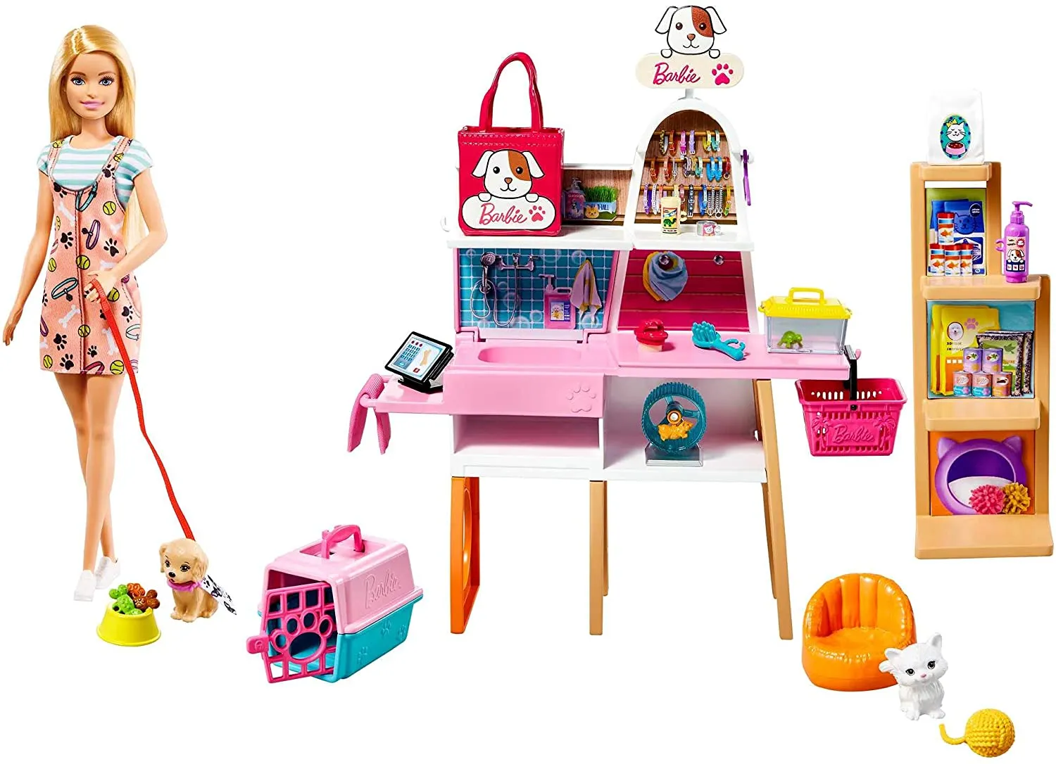 Barbie Doll (11.5-in Blonde) and Pet Boutique Playset with 4 Pets, Color-Change Grooming Feature and Accessories