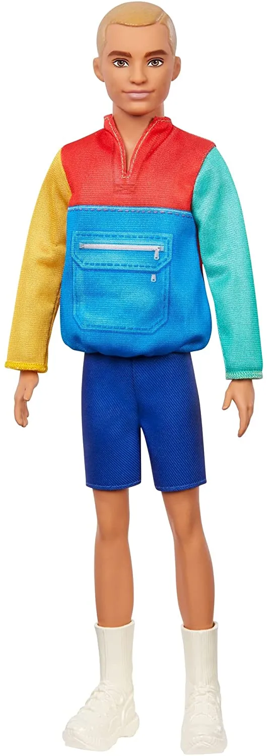 Barbie Ken Fashionistas Boy Figure Doll, Slender with Sculpted Blonde Hair Wearing Color-Blocked Jacket-Style Top, Blue Shorts & White Boots