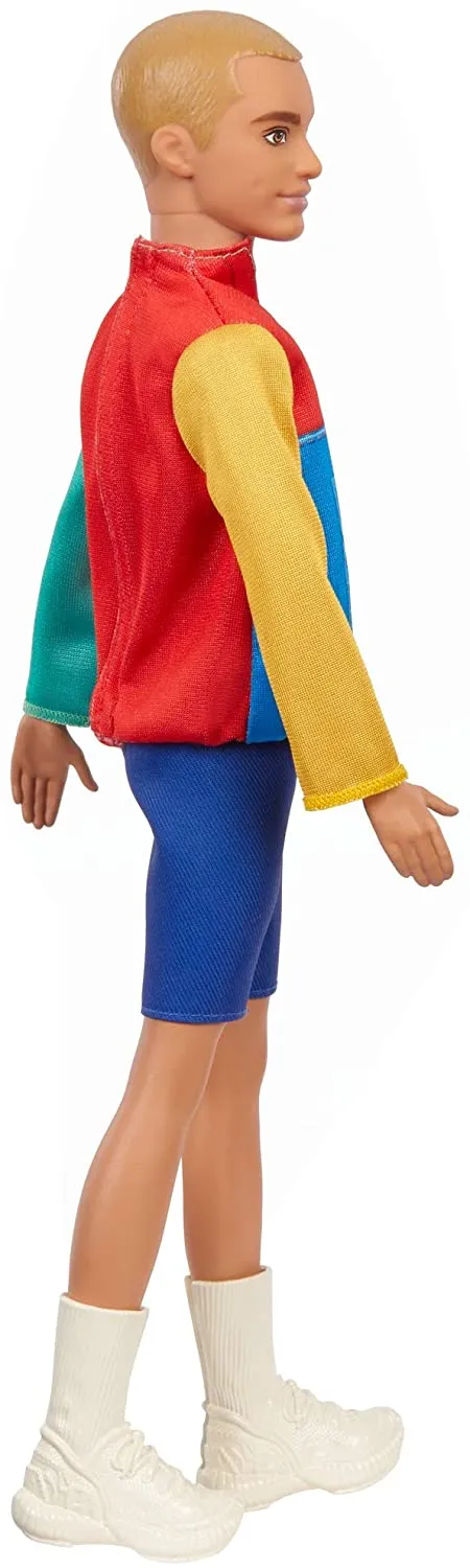 Barbie Ken Fashionistas Boy Figure Doll, Slender with Sculpted Blonde Hair Wearing Color-Blocked Jacket-Style Top, Blue Shorts & White Boots