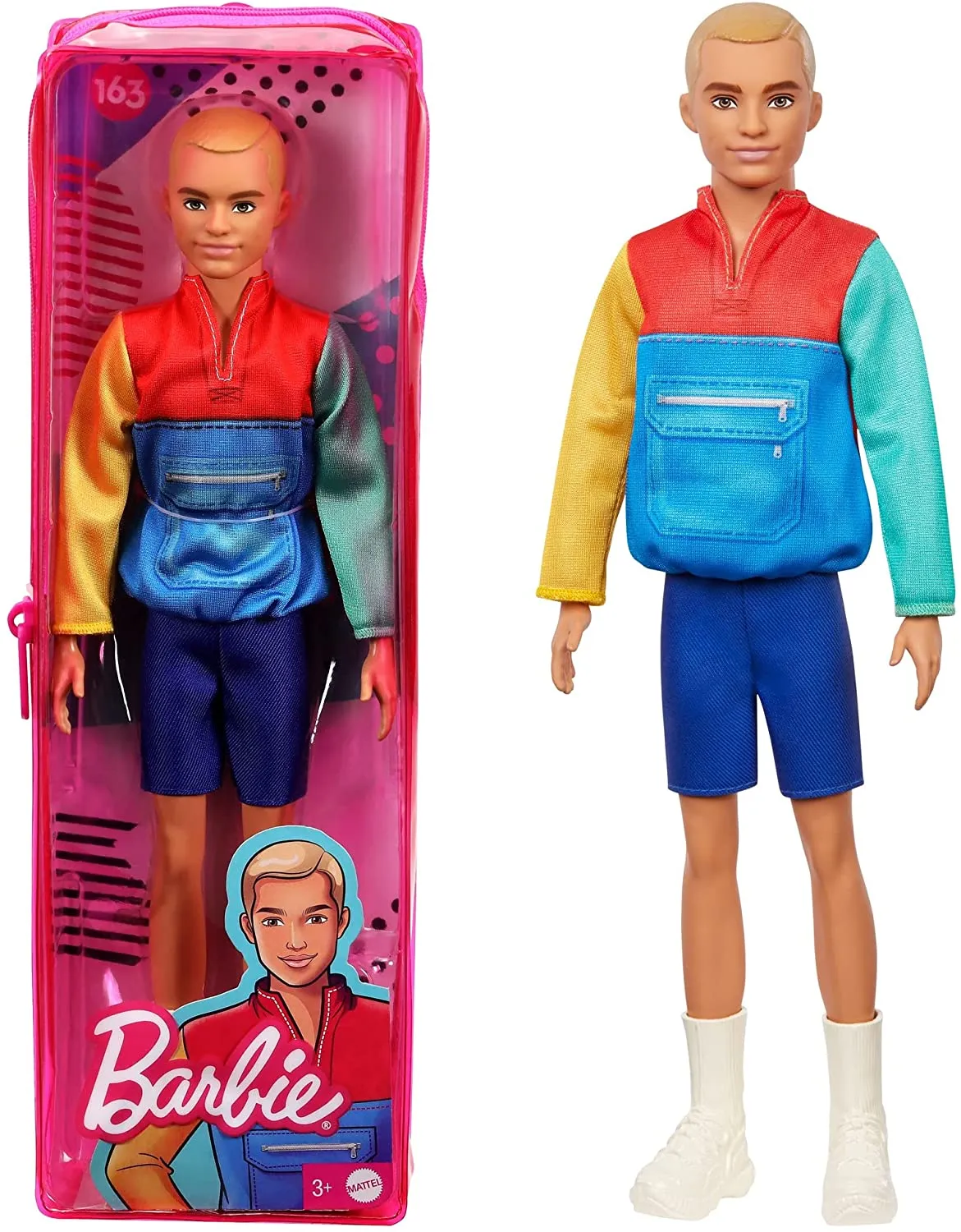 Barbie Ken Fashionistas Boy Figure Doll, Slender with Sculpted Blonde Hair Wearing Color-Blocked Jacket-Style Top, Blue Shorts & White Boots