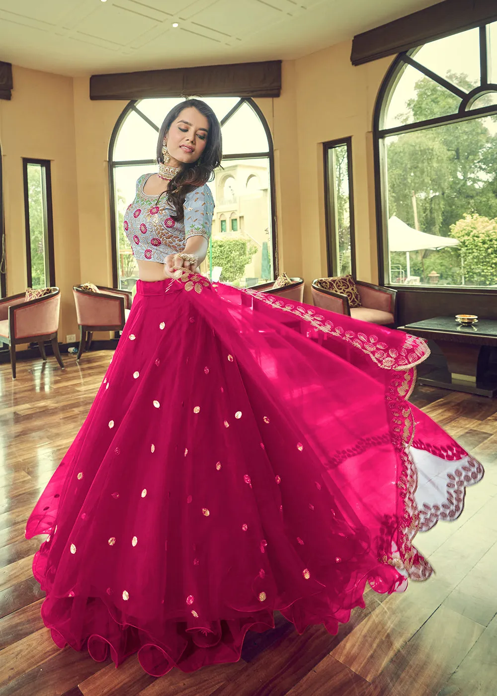 Beautiful Cherry Pink Heavy Net Party Wear Lehenga Choli