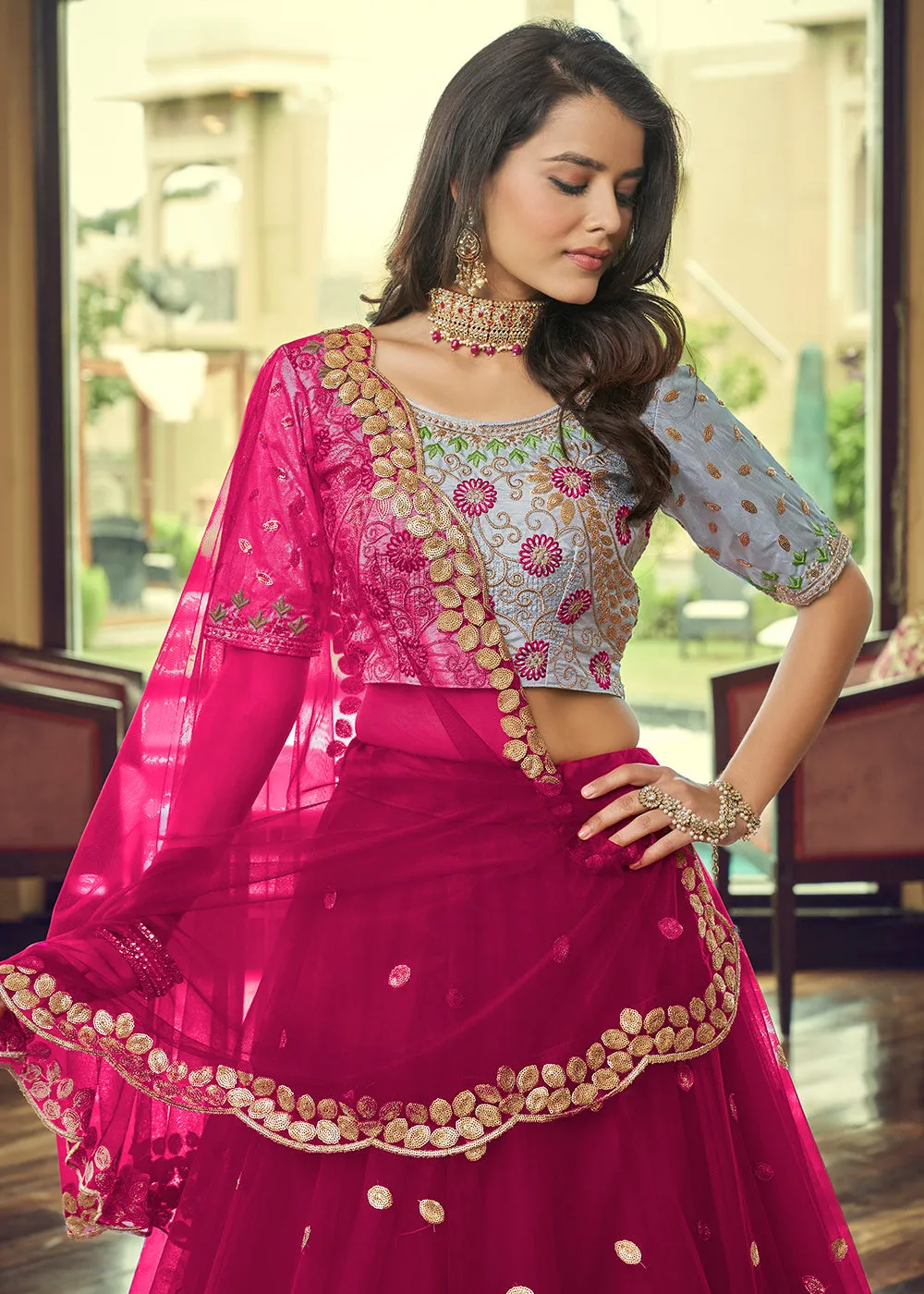 Beautiful Cherry Pink Heavy Net Party Wear Lehenga Choli