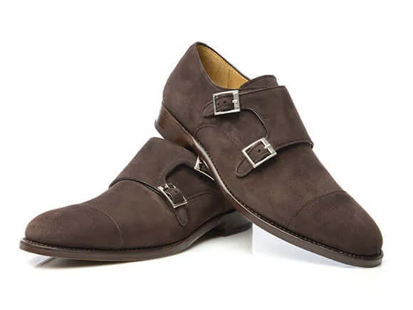 Bespoke Chocolate Brown Suede Double Monk Strap Shoe for Men