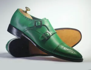 Bespoke Green Leather Double Monk Strap Shoe for Men