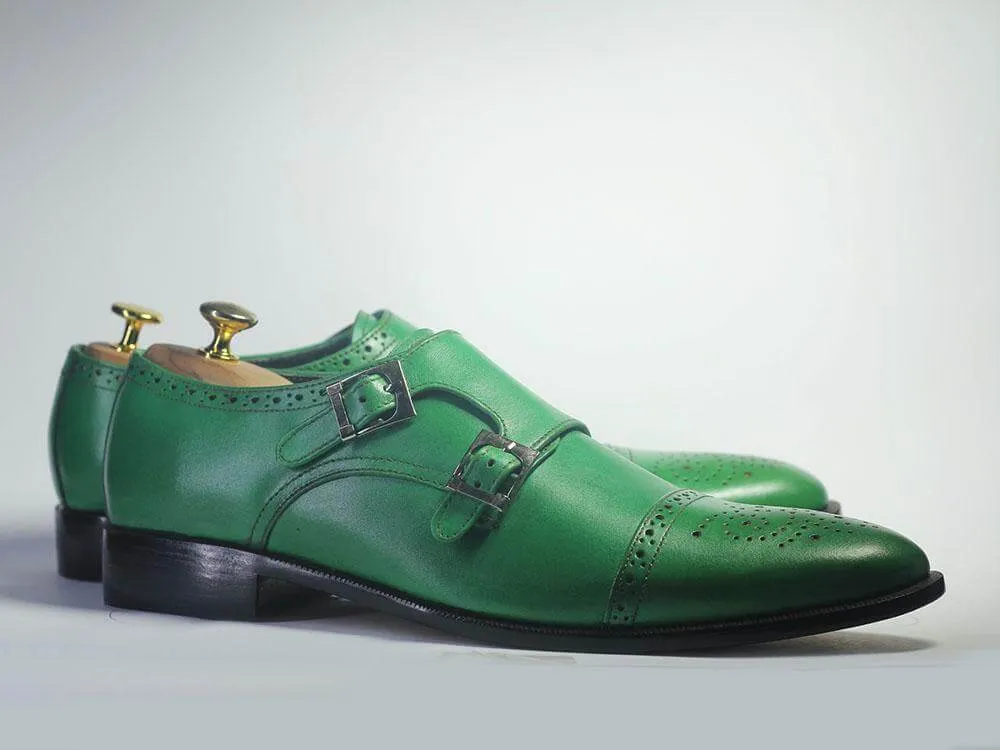 Bespoke Green Leather Double Monk Strap Shoe for Men