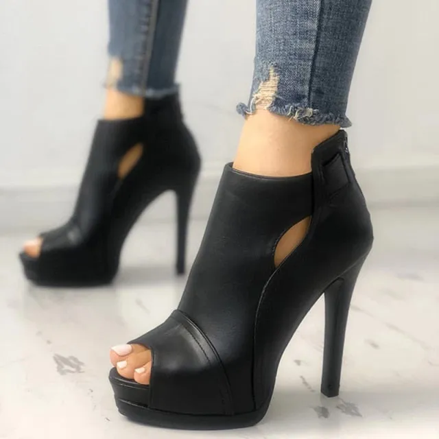 Black Peep Toe Zip-Up Gladiator Heels