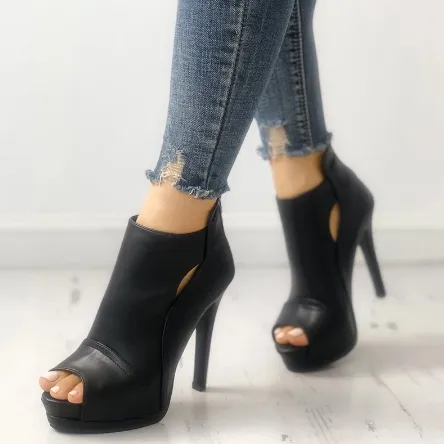 Black Peep Toe Zip-Up Gladiator Heels