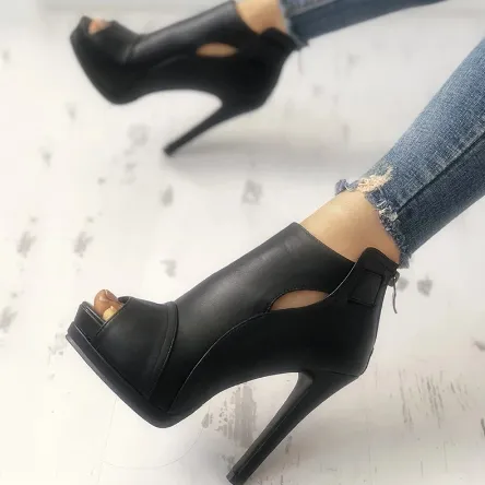 Black Peep Toe Zip-Up Gladiator Heels