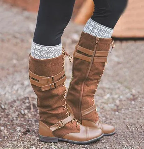 Boho Winter Bandage Colorblock Long Boots