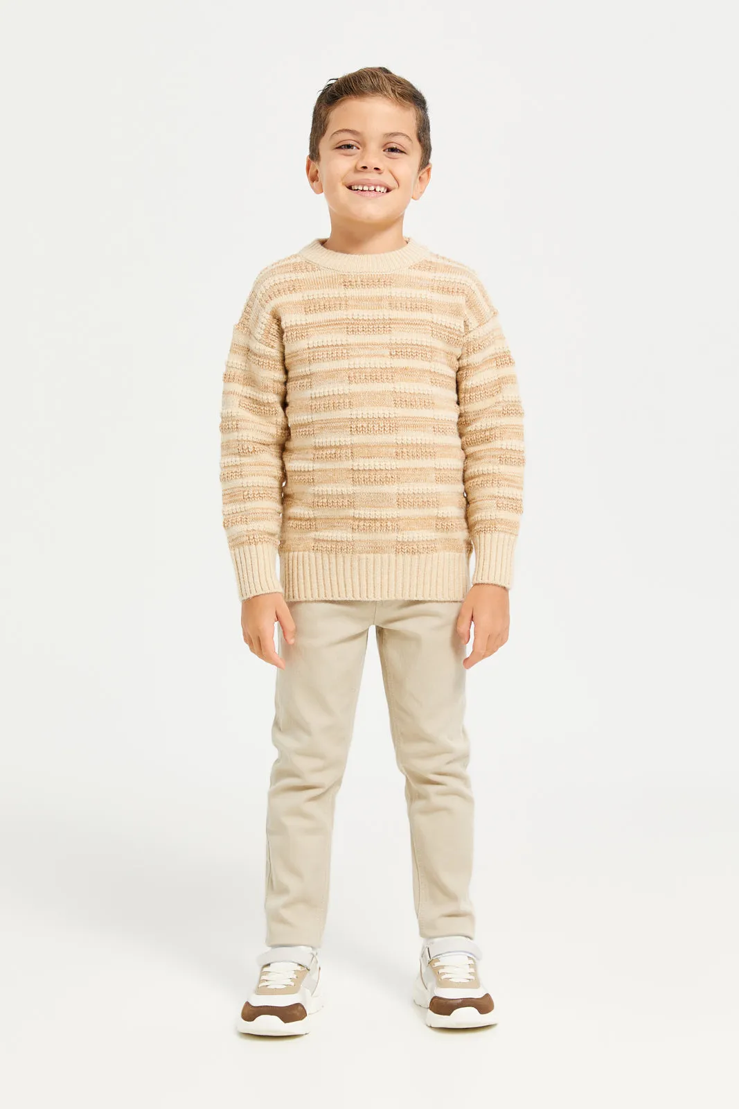 Boys Beige Round Neck Stripe Pullover