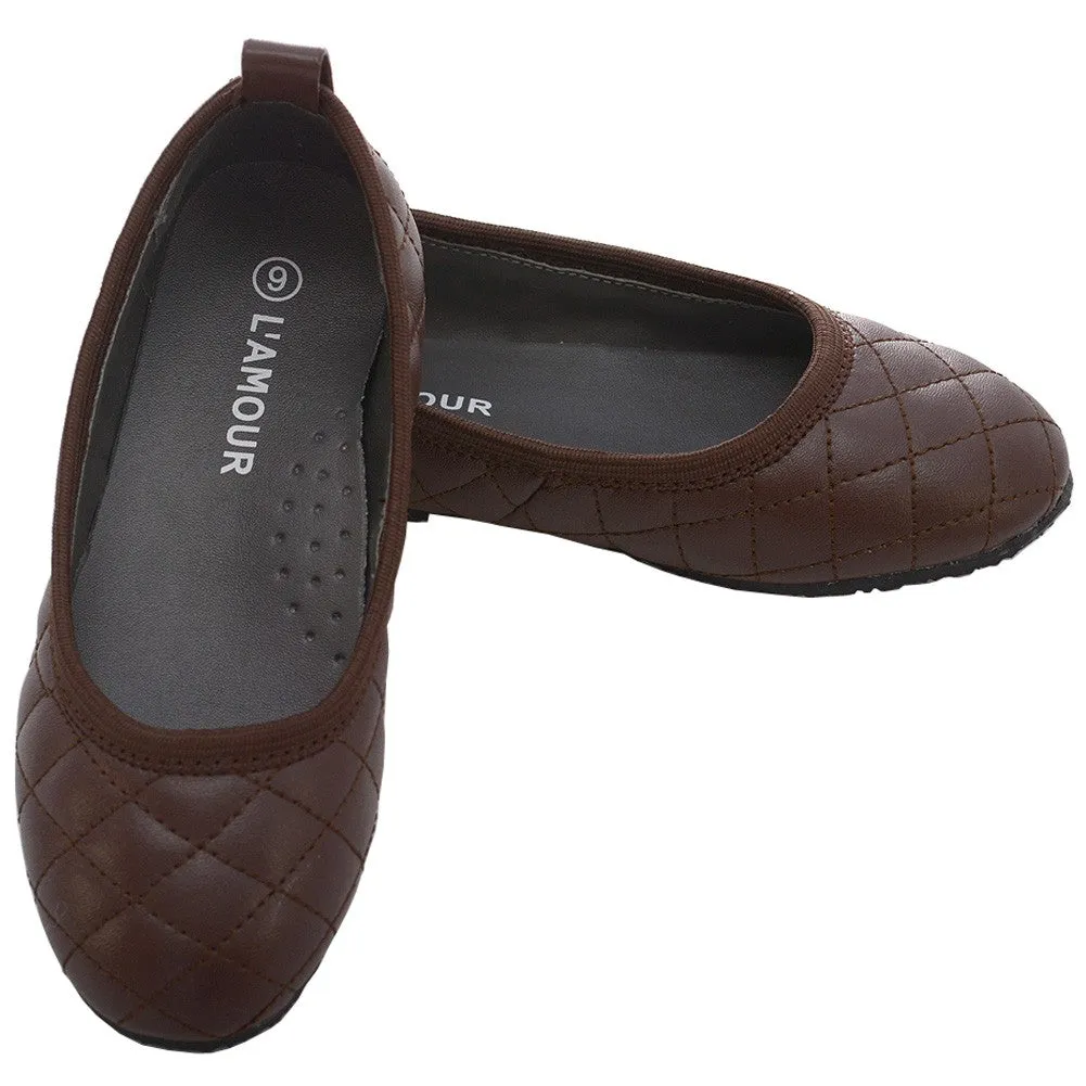 Brown Quilted Slip On Flat Fall Dress Shoes Little Girls 11-4