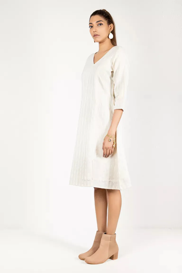 Cream Cotton Silk Woven Striped Dress