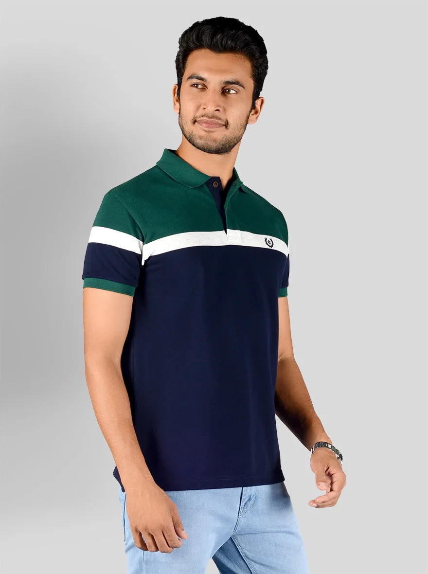 Dark Green & Navy Blue Striped Slim Fit Polo T-shirt | Greenfibre