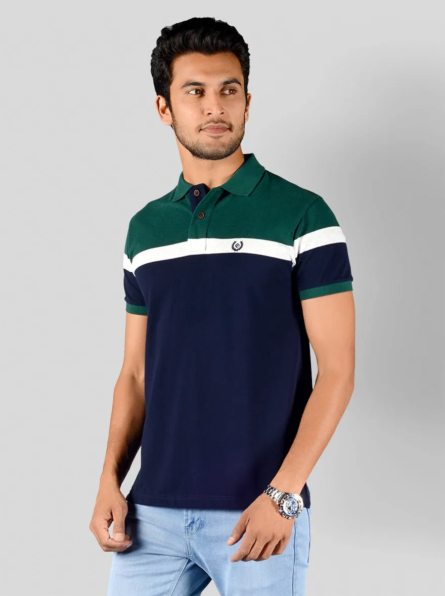 Dark Green & Navy Blue Striped Slim Fit Polo T-shirt | Greenfibre