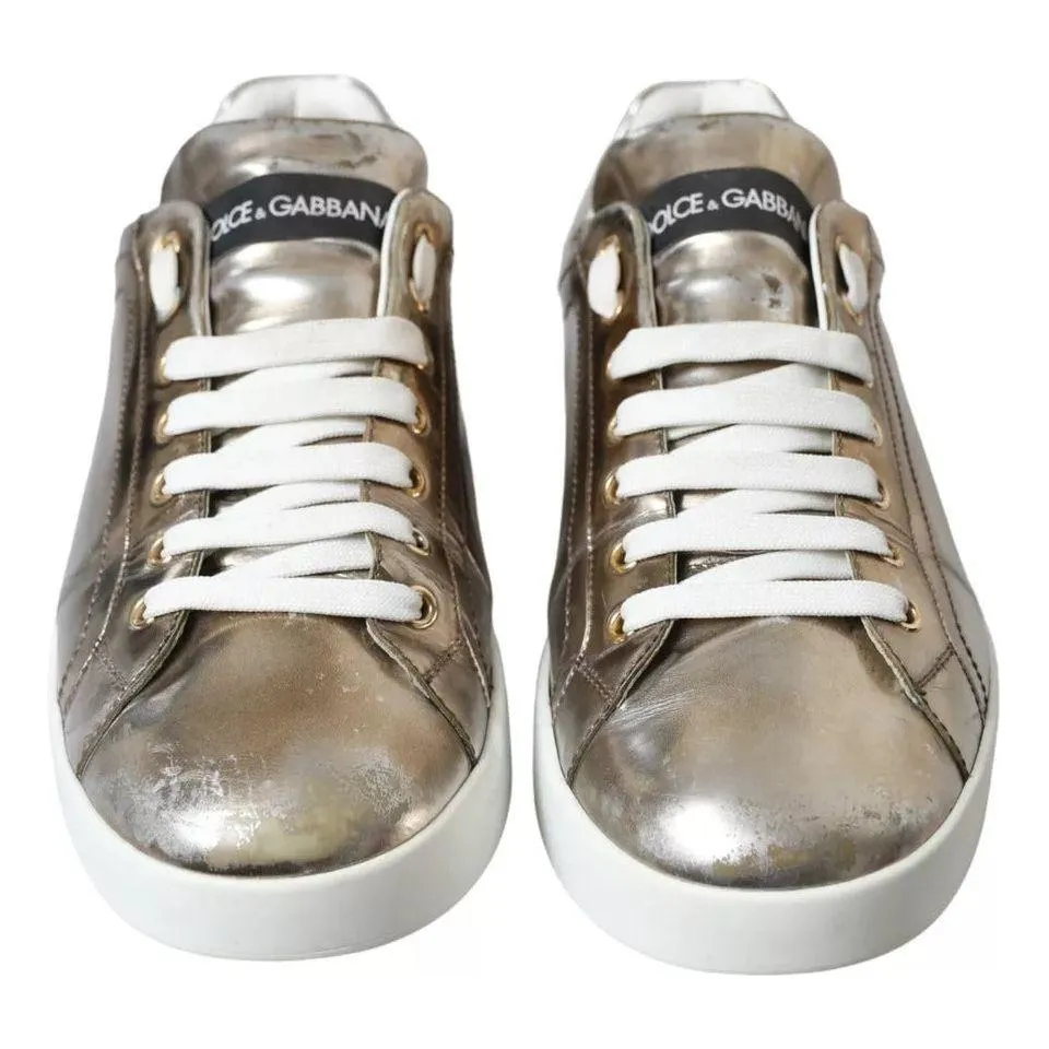 Dolce & Gabbana Bronze Leather Logo Sneaker Portofino Shoes