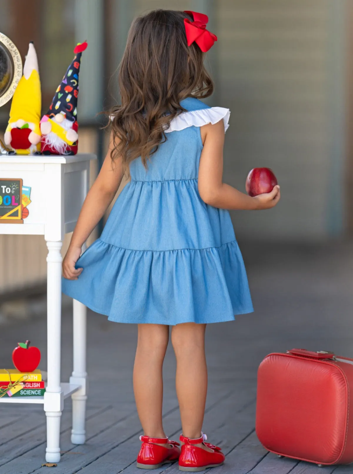 Extra Style Credit Ruffle Collar Denim Dress