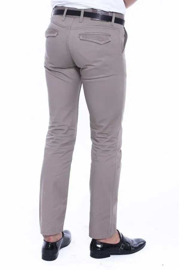 Flap Pockets Cotton Plain Beige Men Pants - Wessi