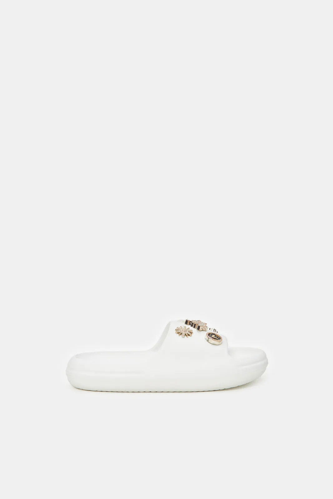 Girls White Embellished Patch Slide