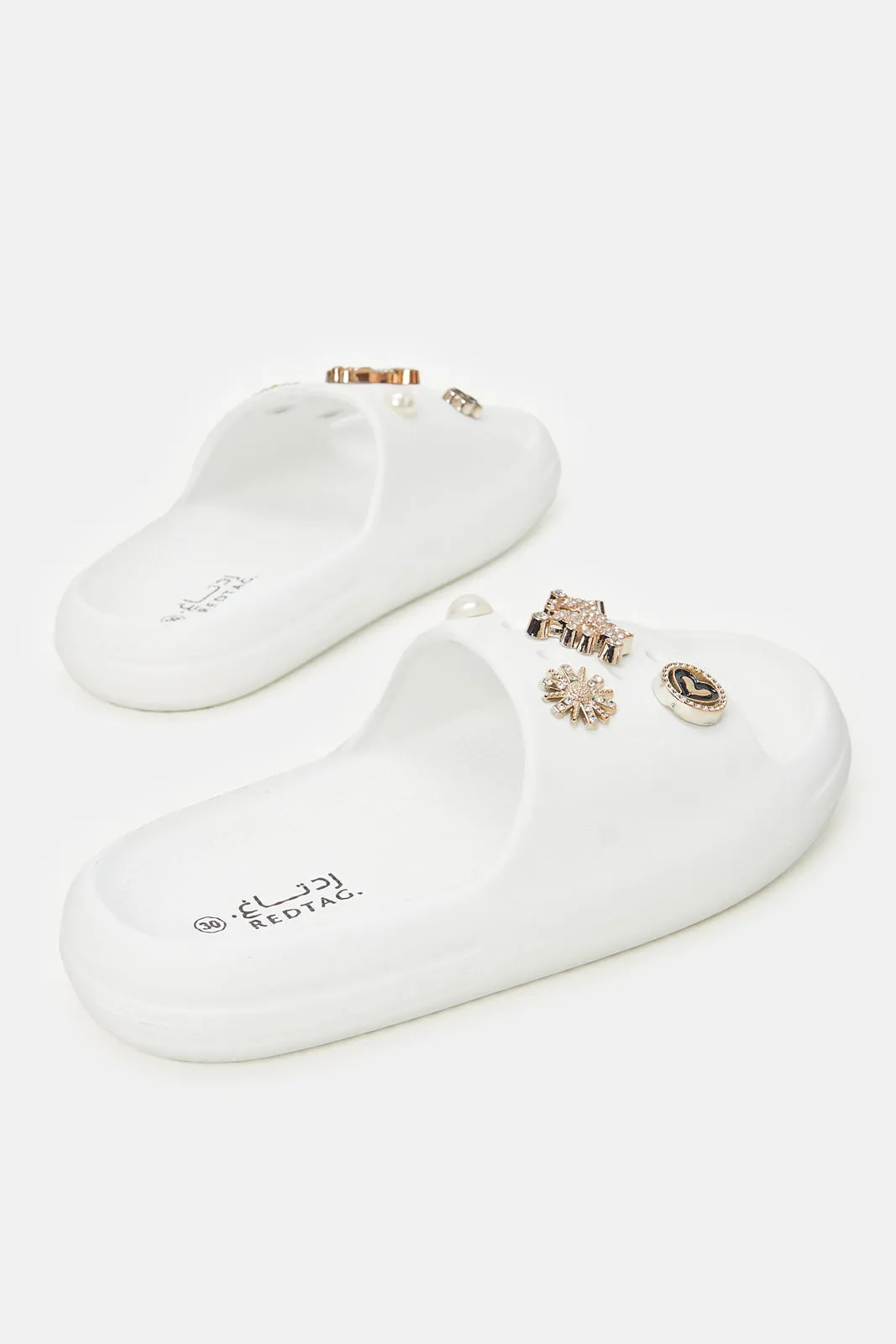 Girls White Embellished Patch Slide