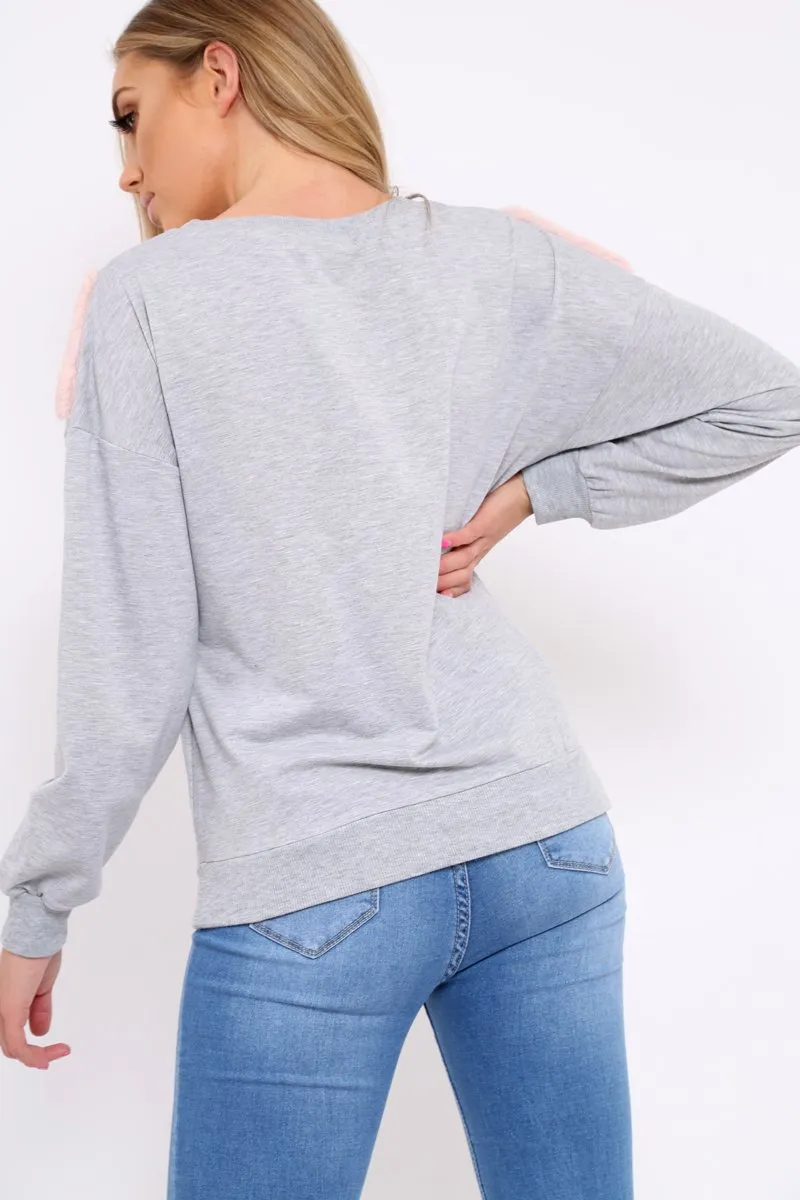 Grey Jumper with Fur and Pearl Front - Annita