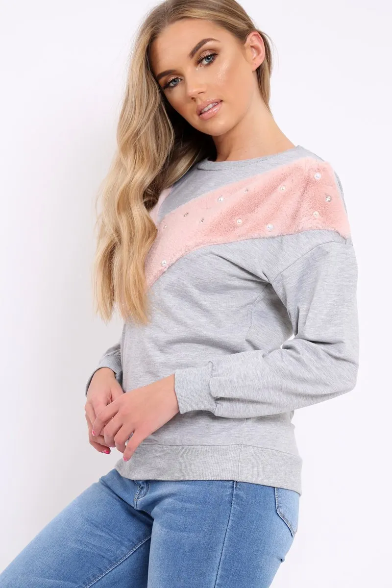 Grey Jumper with Fur and Pearl Front - Annita