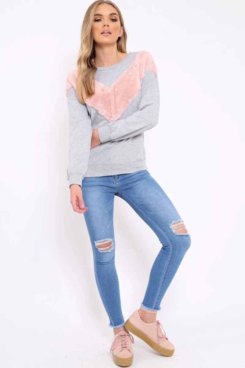 Grey Jumper with Fur and Pearl Front - Annita