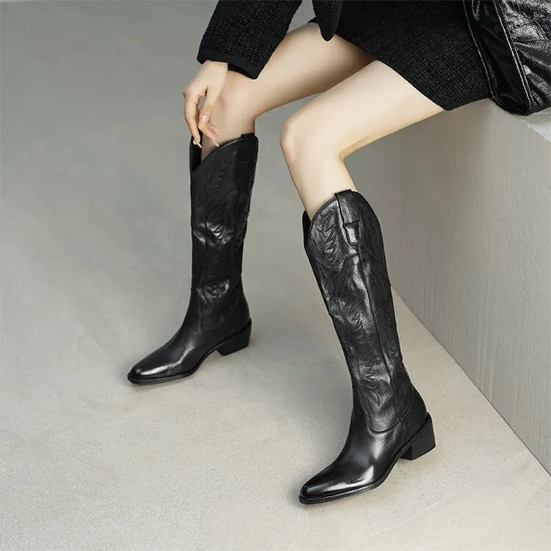 Handmade Retro Point Toe Chunky Heel Western Boots for Women in Top Grain Leather Boots