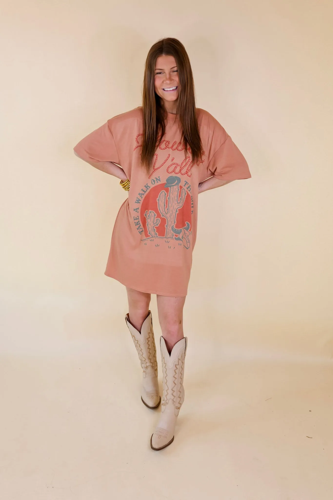 Howdy Y'all Short Sleeve Tee Shirt Dress in Clay Orange