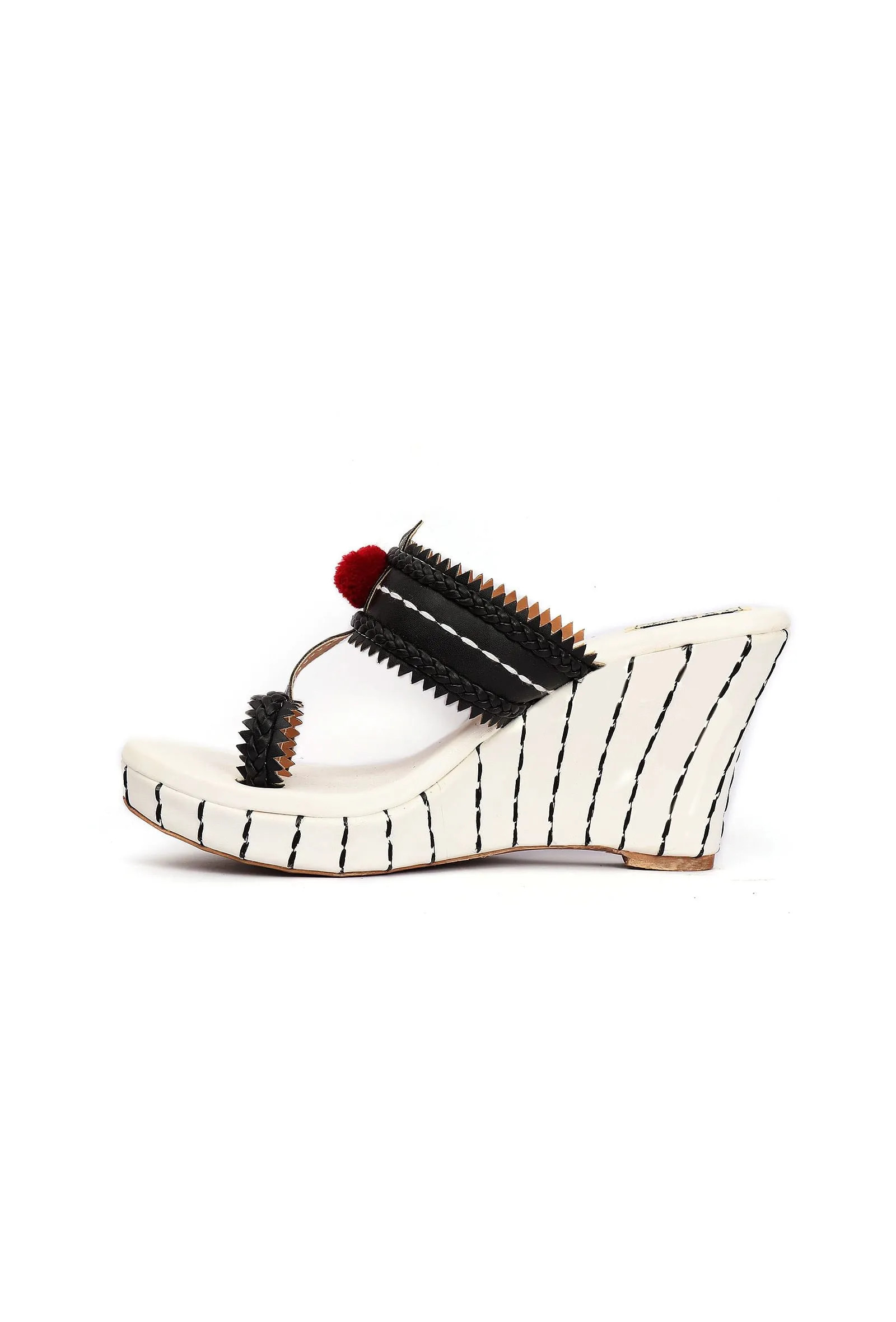 Lohini White & Black Fringed Kolhapuri One Toe Wedges