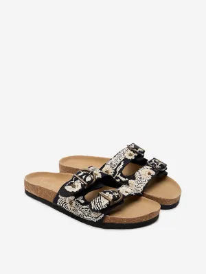 LUNA BLU Black Embroidered Belted Slides