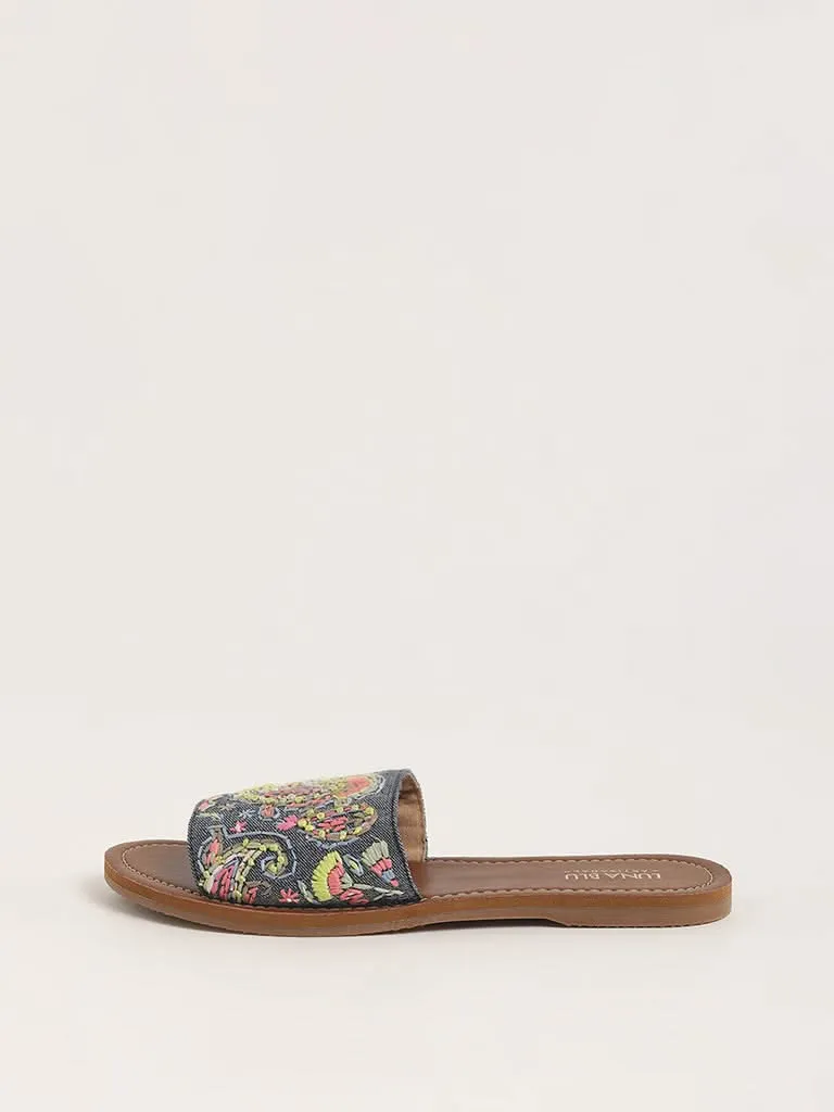 LUNA BLU Paisley Embroidered Blue Slides