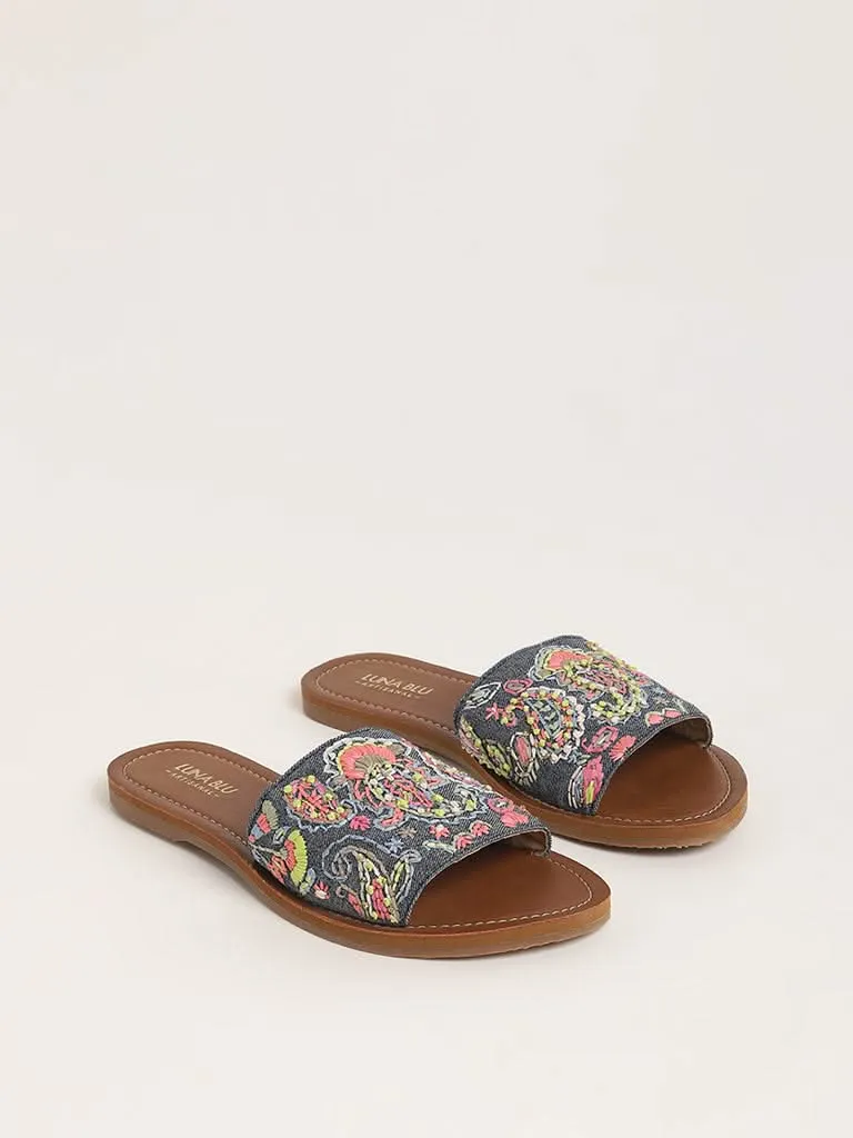 LUNA BLU Paisley Embroidered Blue Slides