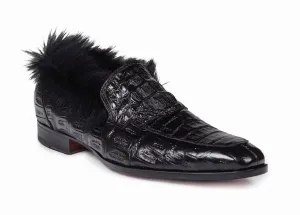 Mauri - 4615 Black Baby Croc, Hornback Crown & Kangaroo Fur Loafer