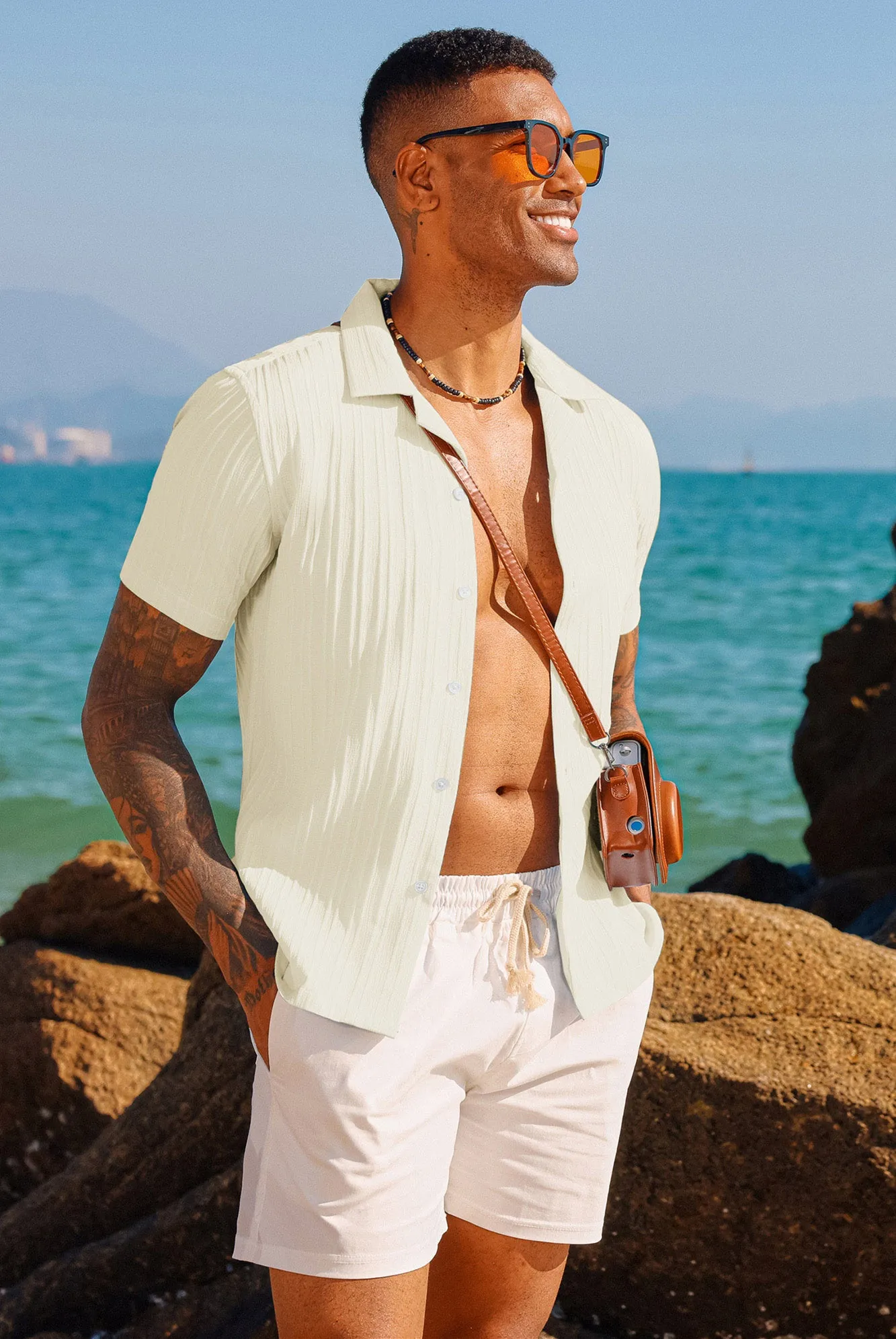 Men's Casual Button Down Shirts Short Sleeve Summer Shirts Wrinkle-Free Shirts Textured Beach Shirts