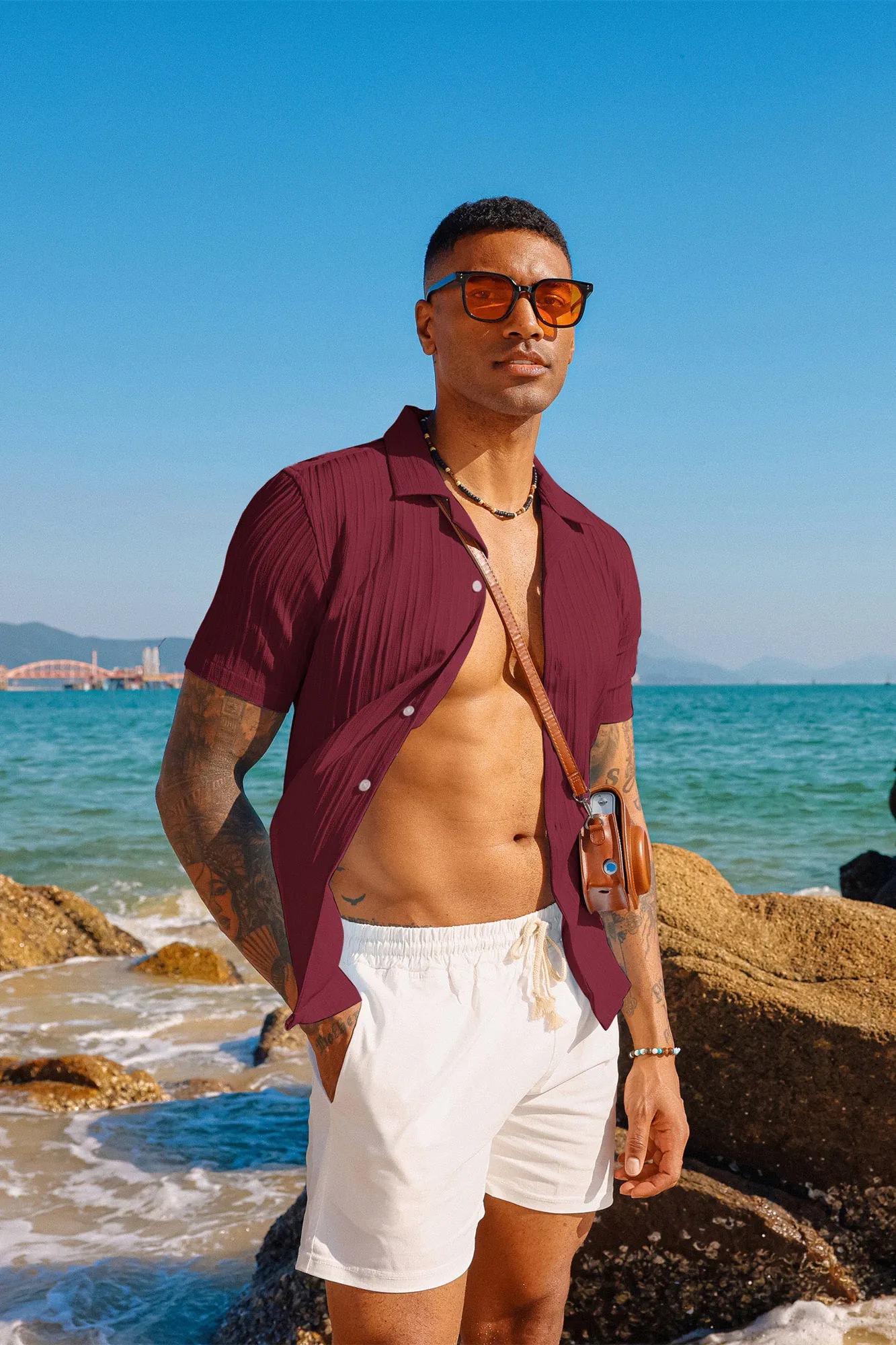 Men's Casual Button Down Shirts Short Sleeve Summer Shirts Wrinkle-Free Shirts Textured Beach Shirts