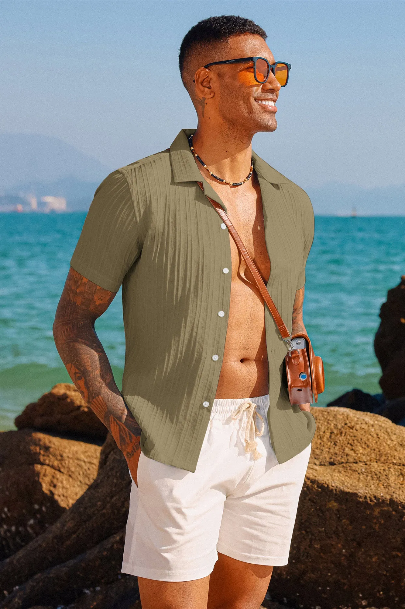 Men's Casual Button Down Shirts Short Sleeve Summer Shirts Wrinkle-Free Shirts Textured Beach Shirts