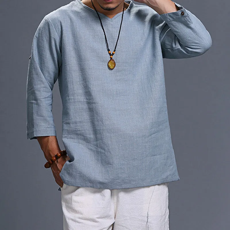 Men's Long-sleeved V-neck Linen Loose Shirt