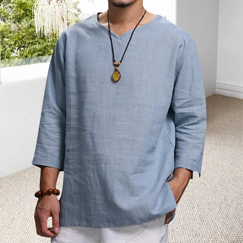 Men's Long-sleeved V-neck Linen Loose Shirt