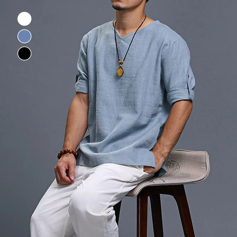 Men's Long-sleeved V-neck Linen Loose Shirt