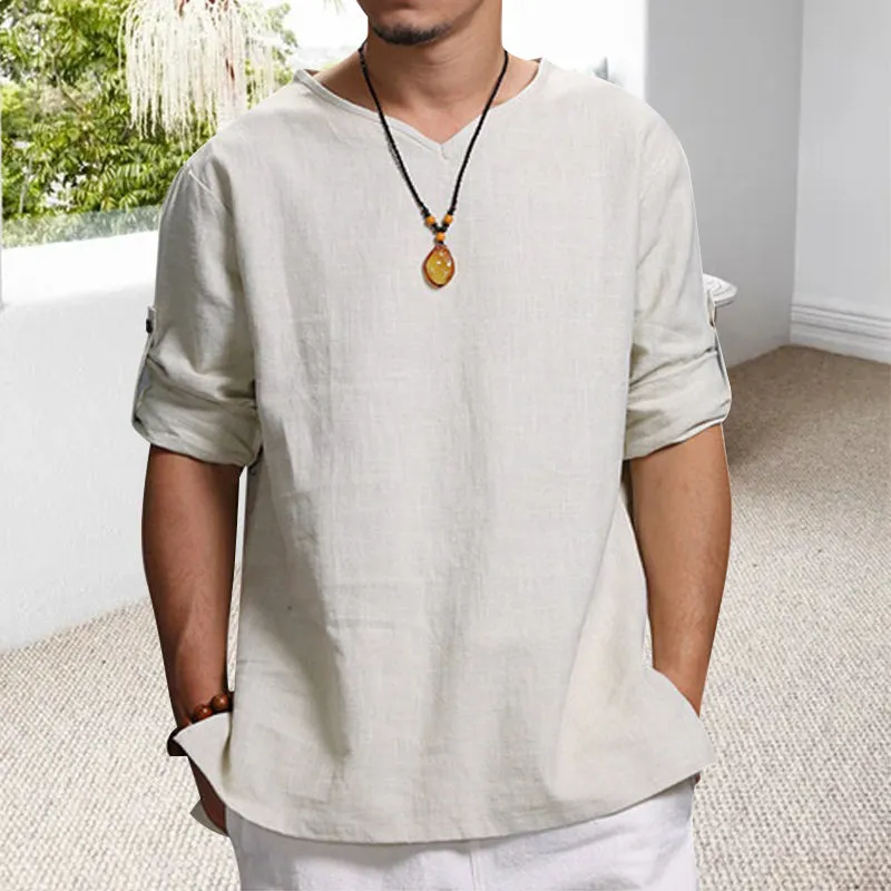 Men's Long-sleeved V-neck Linen Loose Shirt