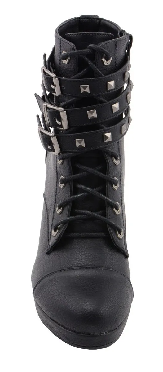 Milwaukee Leather MBL9417 Women's Black Lace-Up Fashion Boots with Triple Strap Studded Accents