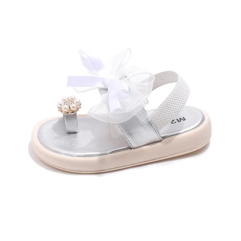 Pearl & Bow Applique Back Elastic Sandals - Silver