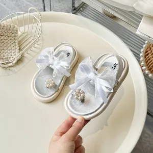 Pearl & Bow Applique Back Elastic Sandals - Silver