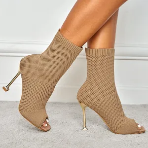 Peep Toe Stiletto Heeled Sock Boots