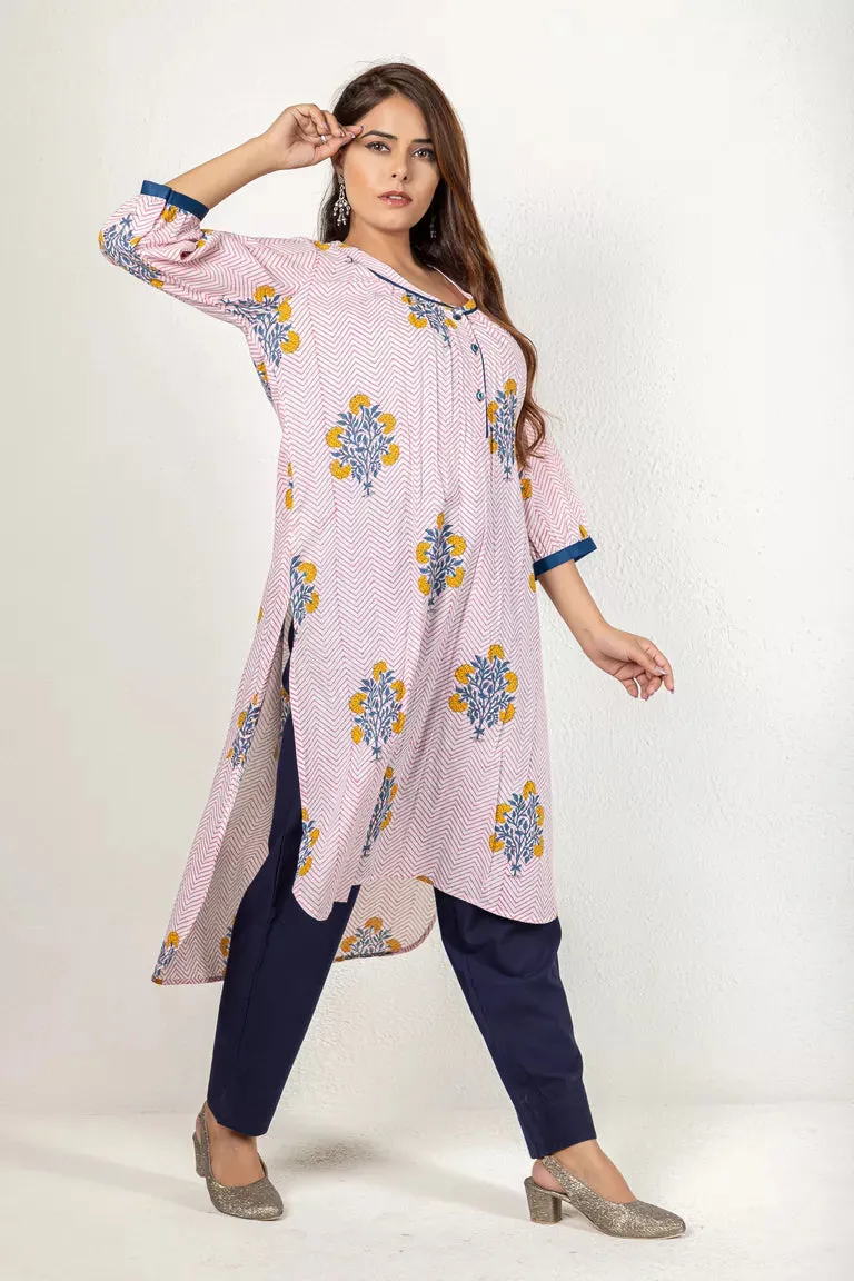 Pink & Blue Hand Block Printed Kurta